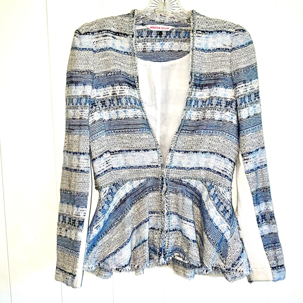 Rebecca Taylor Elegant Blue and White Tweed Peplum Jacket